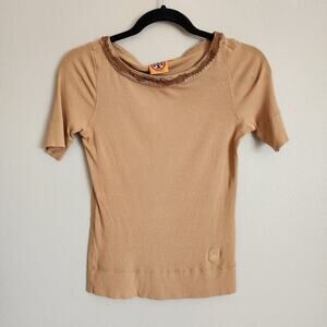 Tory Burch Tan/Light Brown Ribbed Cotton Fitted Short Sleeve Top Size Medium
